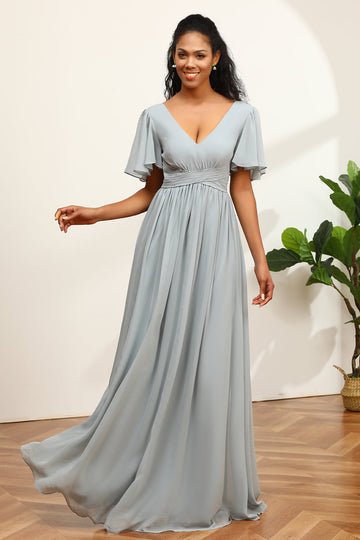 Vestido de dama de honor gris cuello en V
